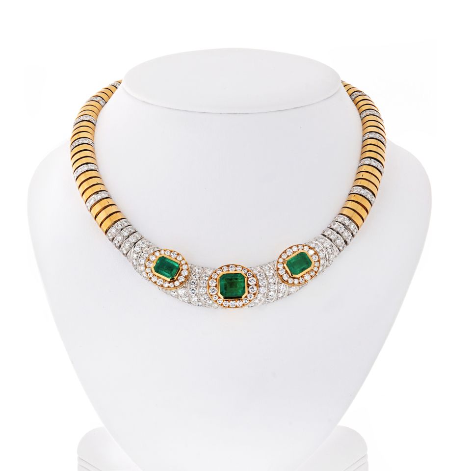 David Webb Platinum & 18K Yellow Gold Green Emerald And Diamond Collar Necklace - The Back Vault