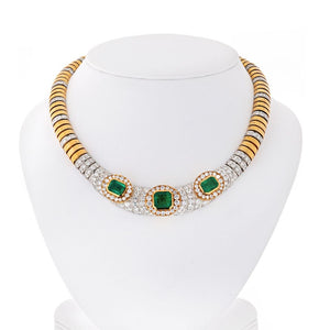 David Webb Platinum & 18K Yellow Gold Green Emerald And Diamond Collar Necklace