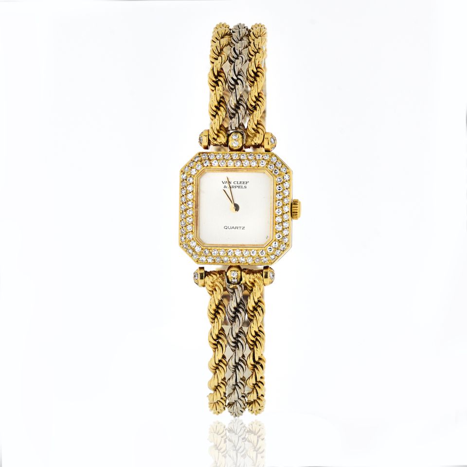 Van Cleef & Arpels 18K Two Tone Square Case, Diamond Dial Vintage Ladies Watch - The Back Vault