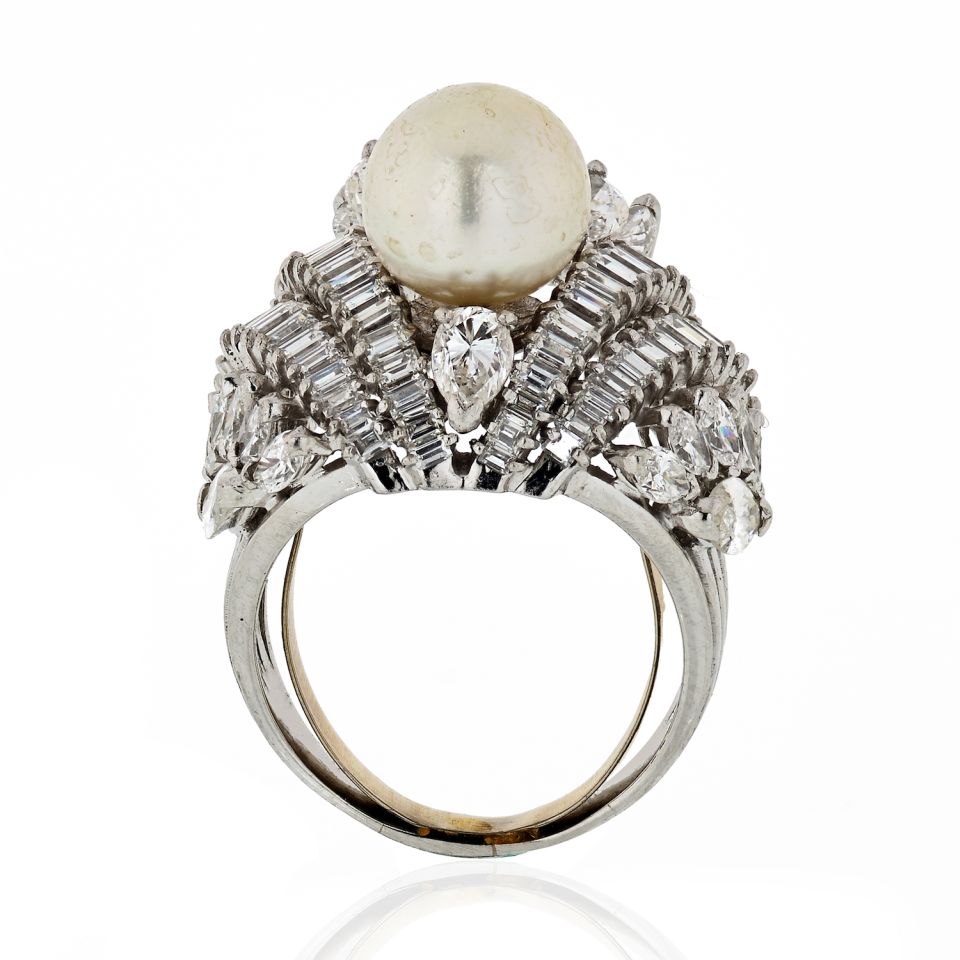 1950's Platinum Diamond Pearl Large Cluster 10.00 Carat Ring - The Back Vault Jewelry