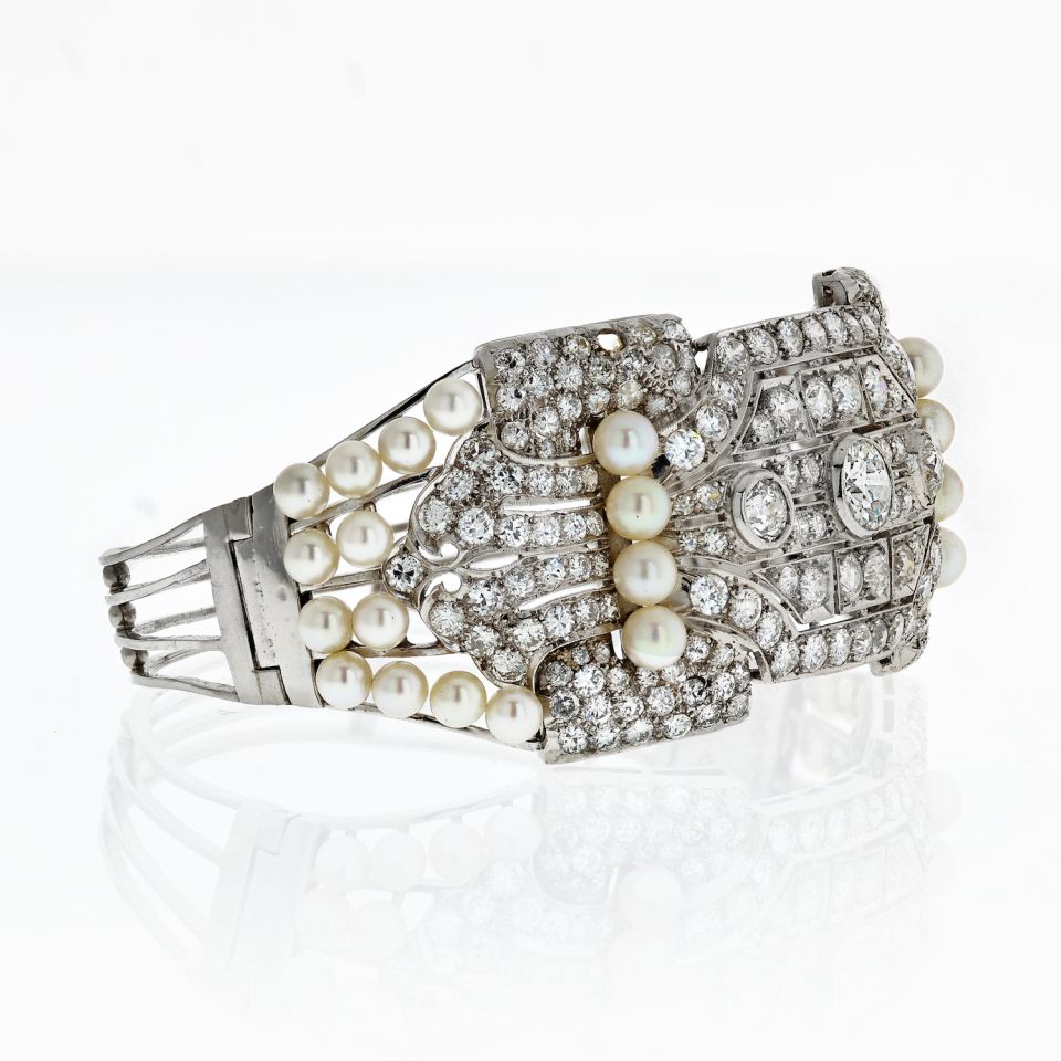 1940's Platinum Gatsby Diamond and Pearl 25 carat Diamond Bangle Bracelet - The Back Vault