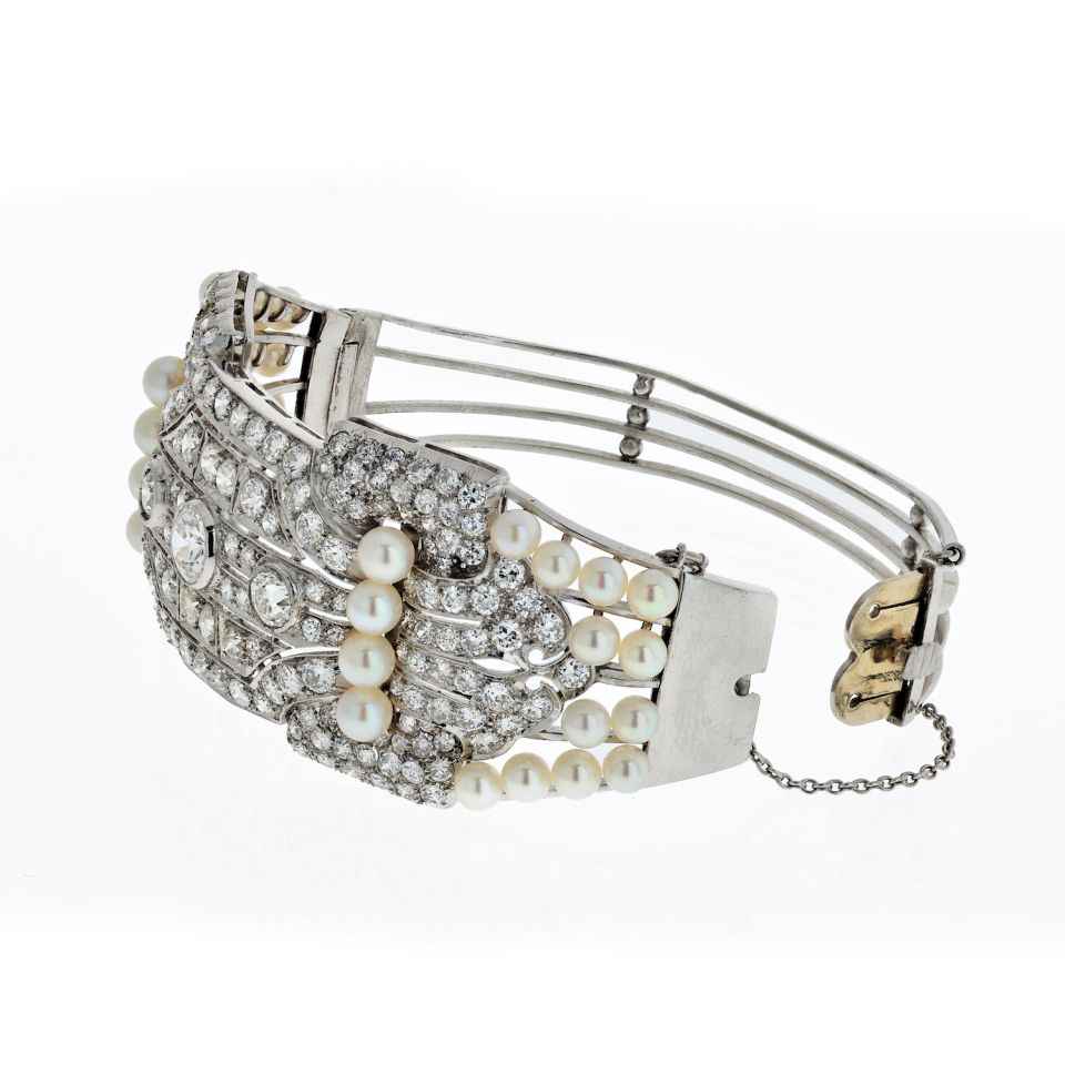 1940's Platinum Gatsby Diamond and Pearl 25 carat Diamond Bangle Bracelet - The Back Vault