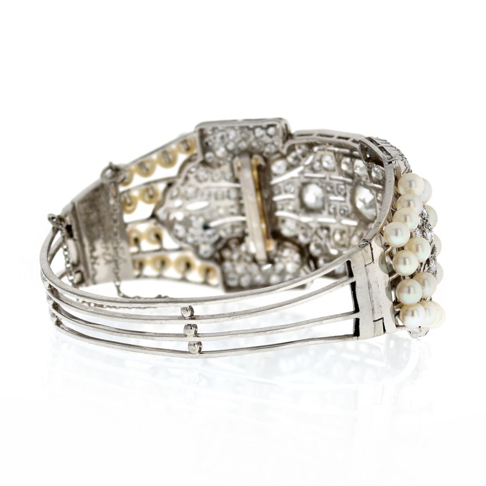 1940's Platinum Gatsby Diamond and Pearl 25 carat Diamond Bangle Bracelet - The Back Vault