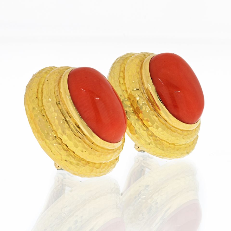 David Webb Hammered 18K Yellow Gold Coral Large Clip-On Earrings - The Back Vault