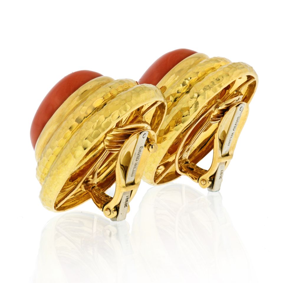 David Webb Hammered 18K Yellow Gold Coral Large Clip-On Earrings - The Back Vault