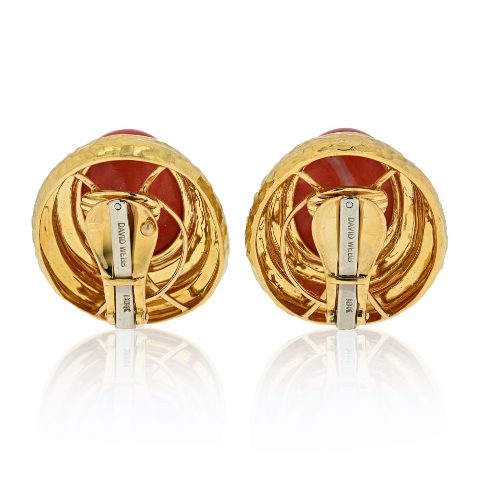 David Webb Hammered 18K Yellow Gold Coral Large Clip-On Earrings - The Back Vault