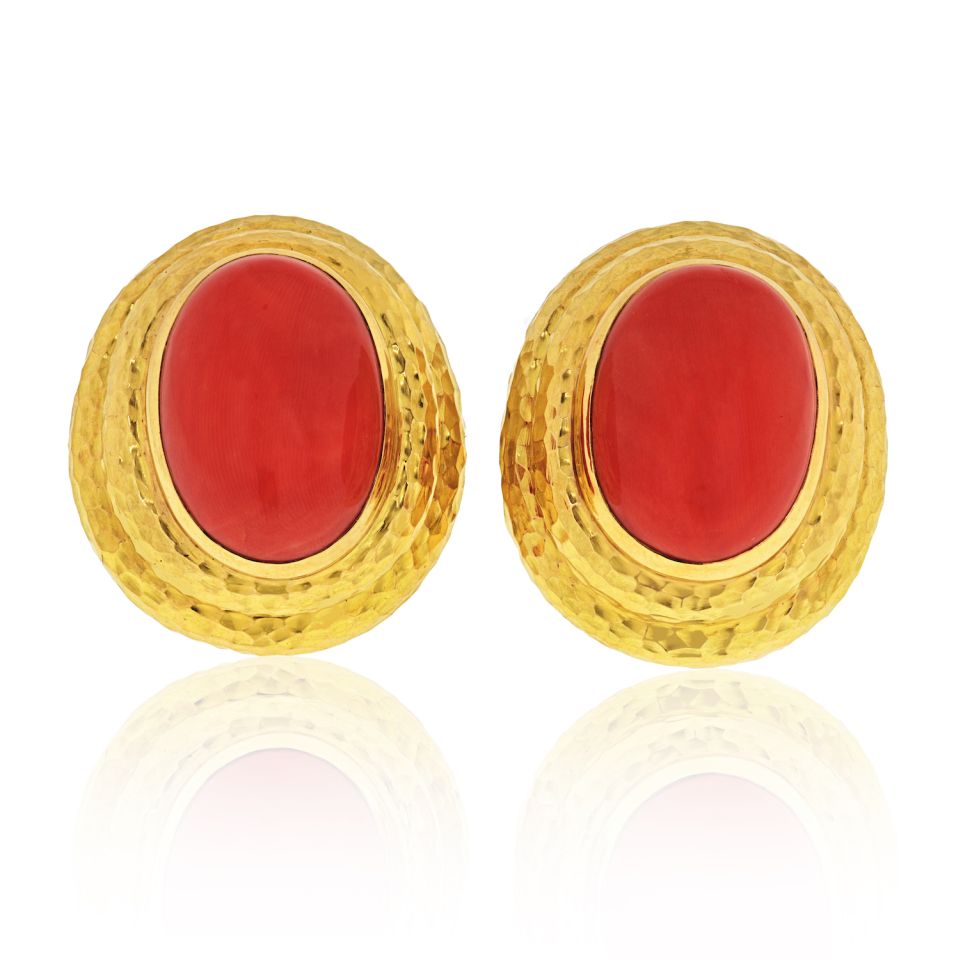 David Webb Hammered 18K Yellow Gold Coral Large Clip-On Earrings - The Back Vault