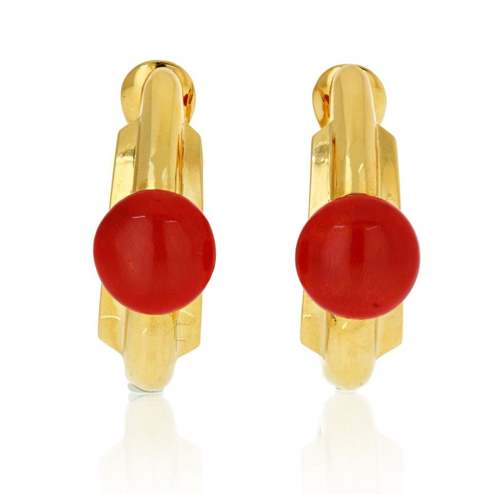 David Webb Coral 18K Yellow Gold Hoop Style Clip-On Earrings - The Back Vault