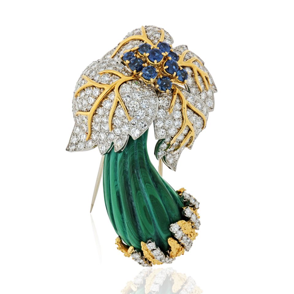 1970's 18K Yellow Gold 15 carat Diamond & Sapphire Mushroom Brooch - The Back Vault Jewelry