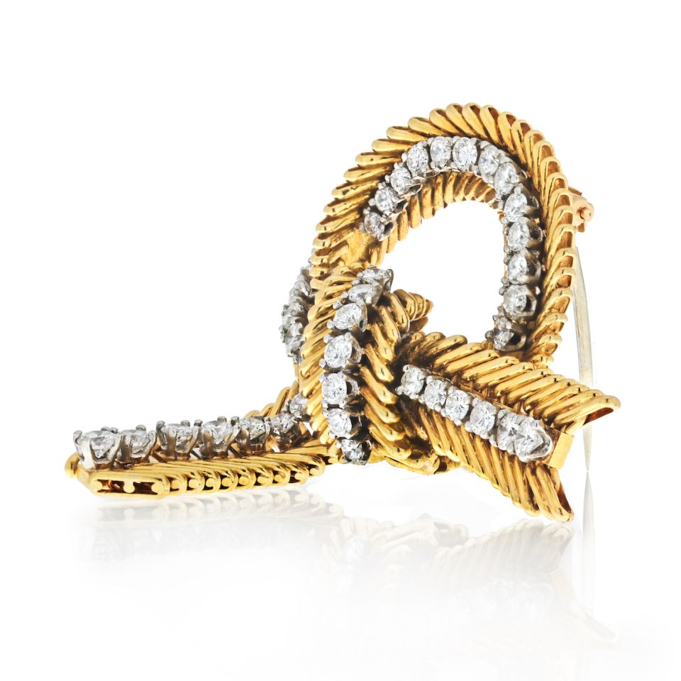 Van Cleef & Arpels French Platinum & 18K Yellow Gold Ribbon Diamond Brooch - The Back Vault