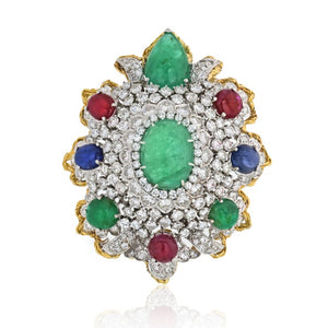 1970's Platinum & 18K Yellow Gold Diamonds, Rubies, Emeralds And Sapphires Heraldic Brooch