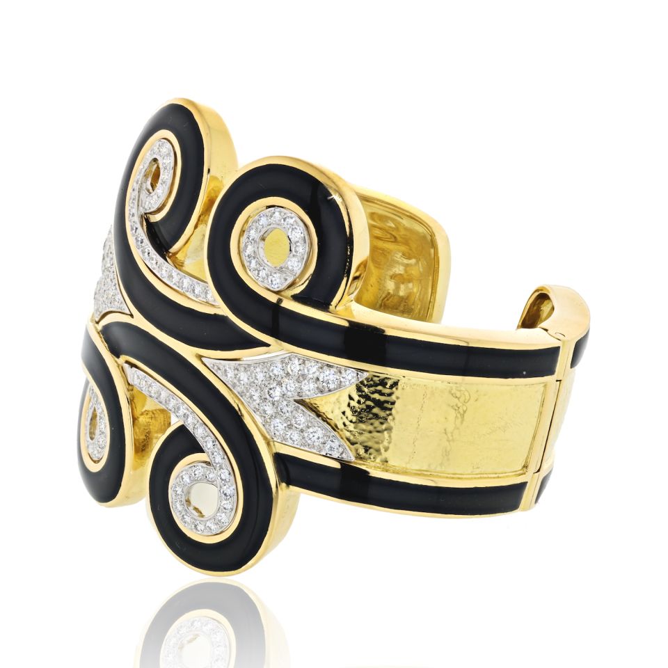 David Webb Platinum & 18K Yellow Gold Arabesque Black Enamel Diamond Cuff Bangle Bracelet