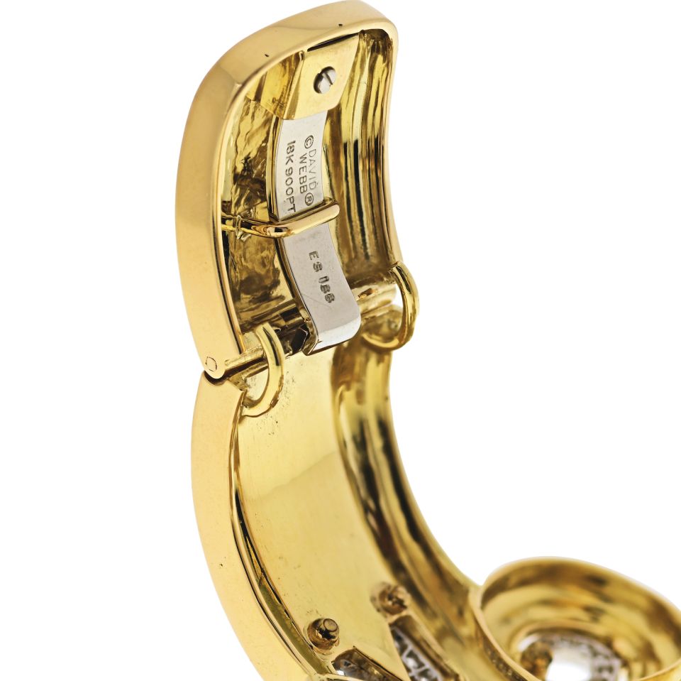 David Webb Platinum & 18K Yellow Gold Arabesque Black Enamel Diamond Cuff Bangle Bracelet