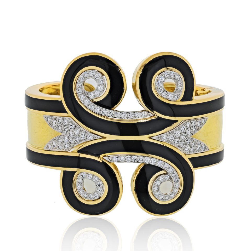 David Webb Platinum & 18K Yellow Gold Arabesque Black Enamel Diamond Cuff Bangle Bracelet
