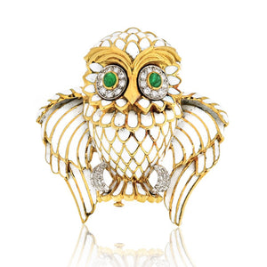 David Webb Platinum & 18K Yellow Gold White Enamel Owl Brooch