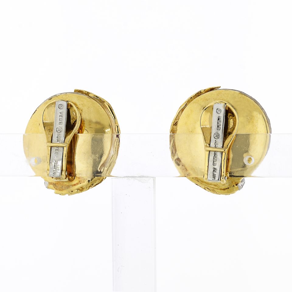 David Webb 18K Yellow Gold Rock Crystal And Diamond Round Clip-On Earrings - The Back Vault