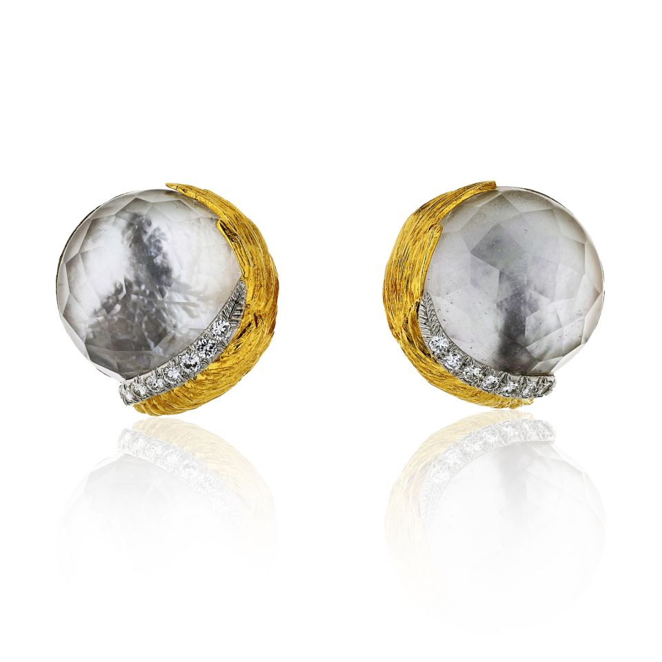 David Webb 18K Yellow Gold Rock Crystal And Diamond Round Clip-On Earrings - The Back Vault