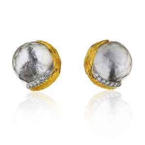 David Webb 18K Yellow Gold Rock Crystal And Diamond Round Clip-On Earrings