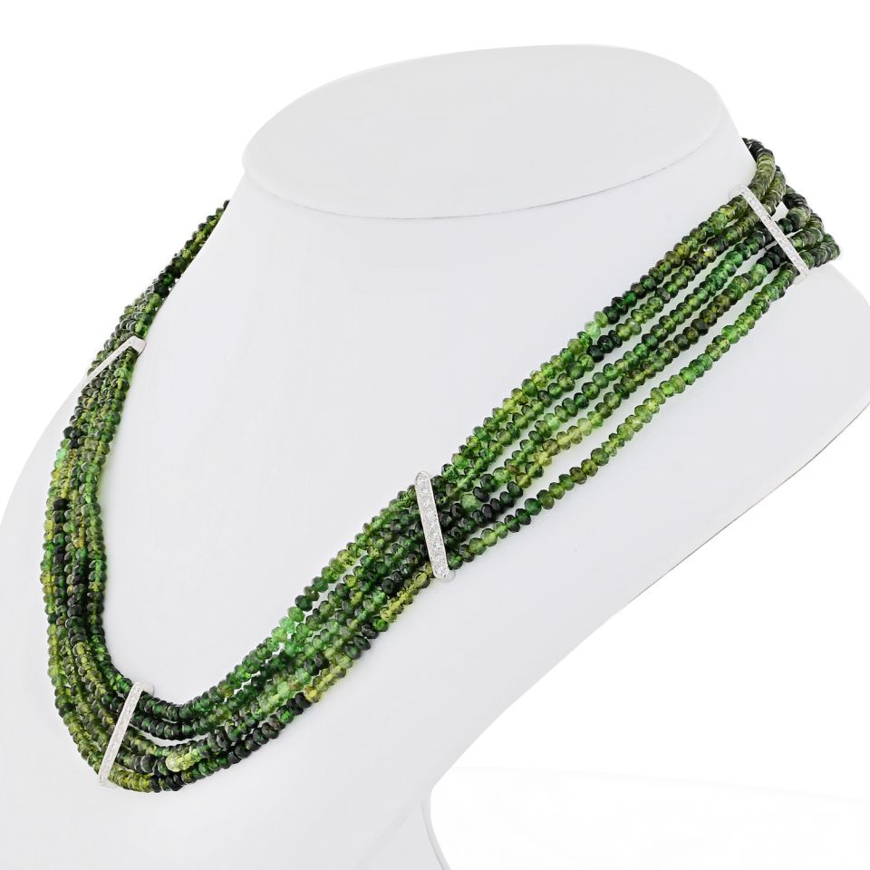 Platinum Beaded Green Tourmalene And Diamond Strand Necklace - The Back Vault Jewelry