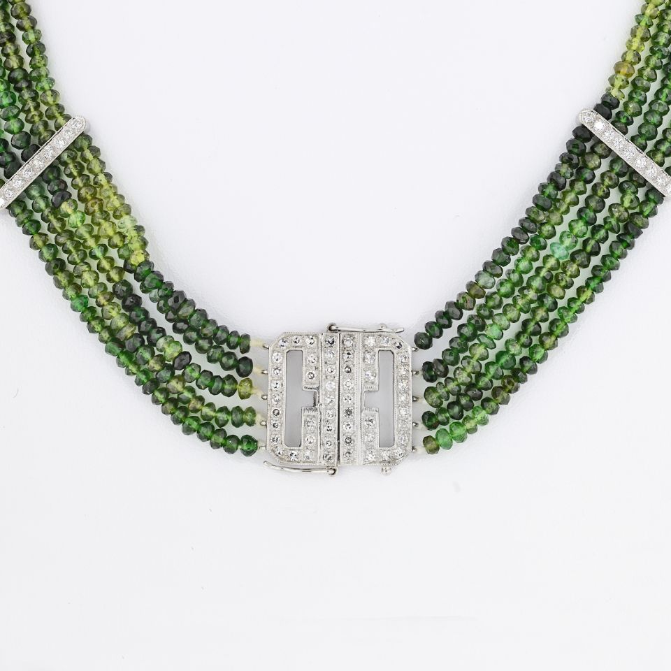 Platinum Beaded Green Tourmalene And Diamond Strand Necklace - The Back Vault Jewelry