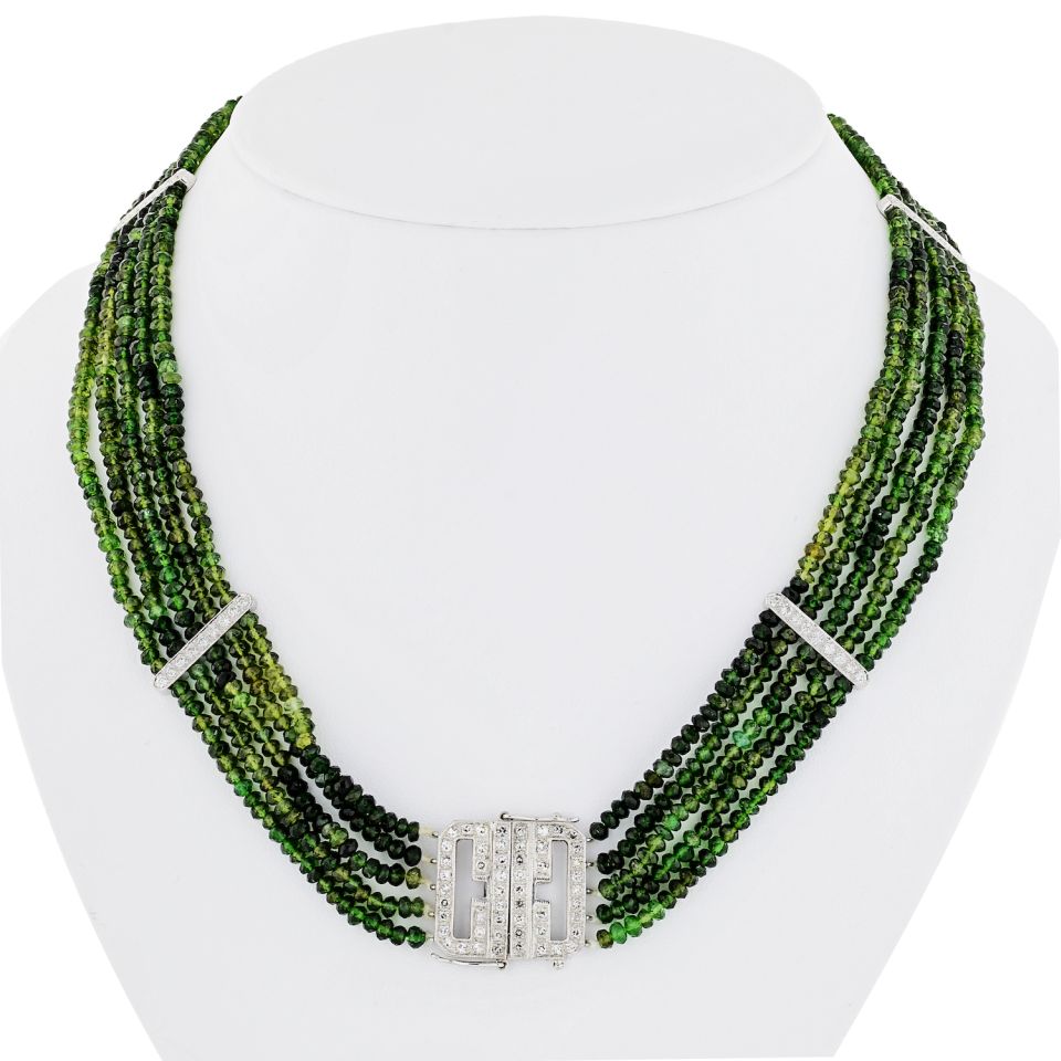 Platinum Beaded Green Tourmalene And Diamond Strand Necklace - The Back Vault Jewelry