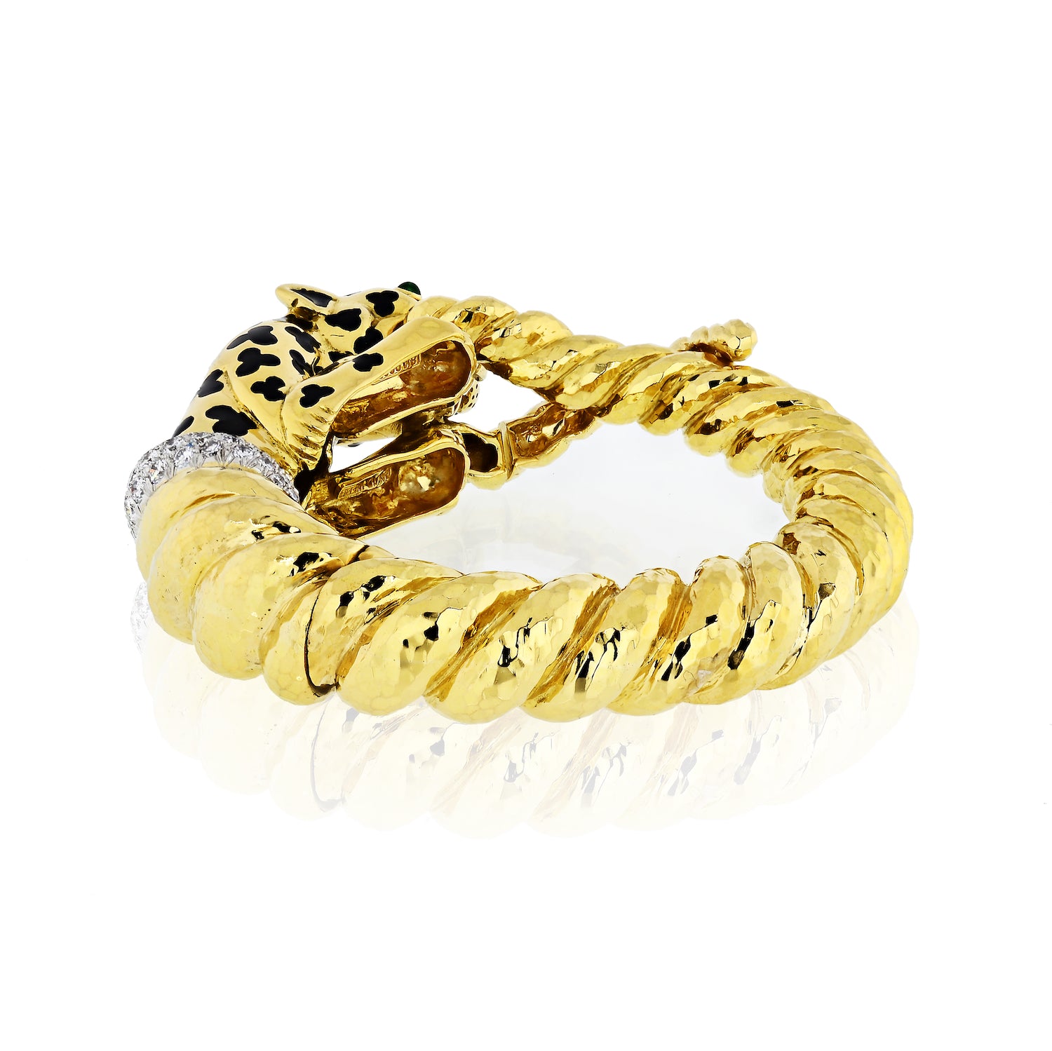 David Webb 18K Yellow Gold Spotted Leopard Diamond Bangle Bracelet - The Back Vault