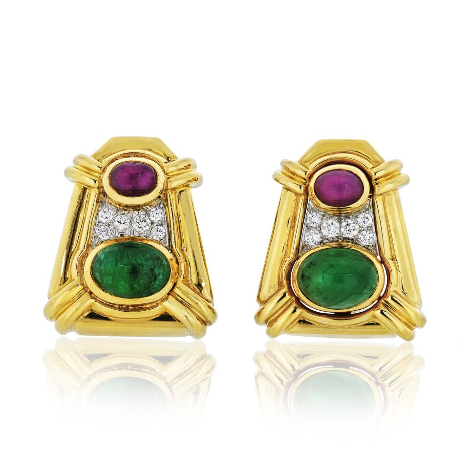 David Webb Platinum & 18K Yellow Gold Cabochon Ruby, Emerald And Diamond Clip-On Earrings - The Back Vault