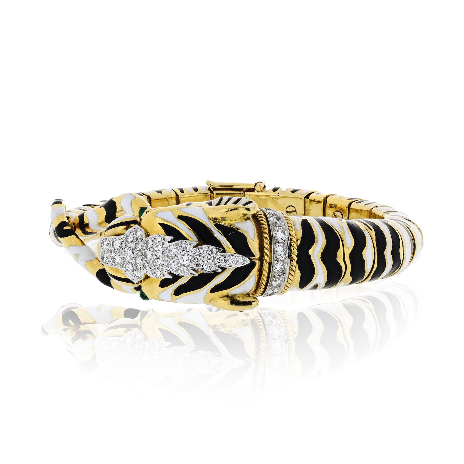 David Webb 18K Yellow Gold White And Black Enamel Tiger Bracelet - The Back Vault