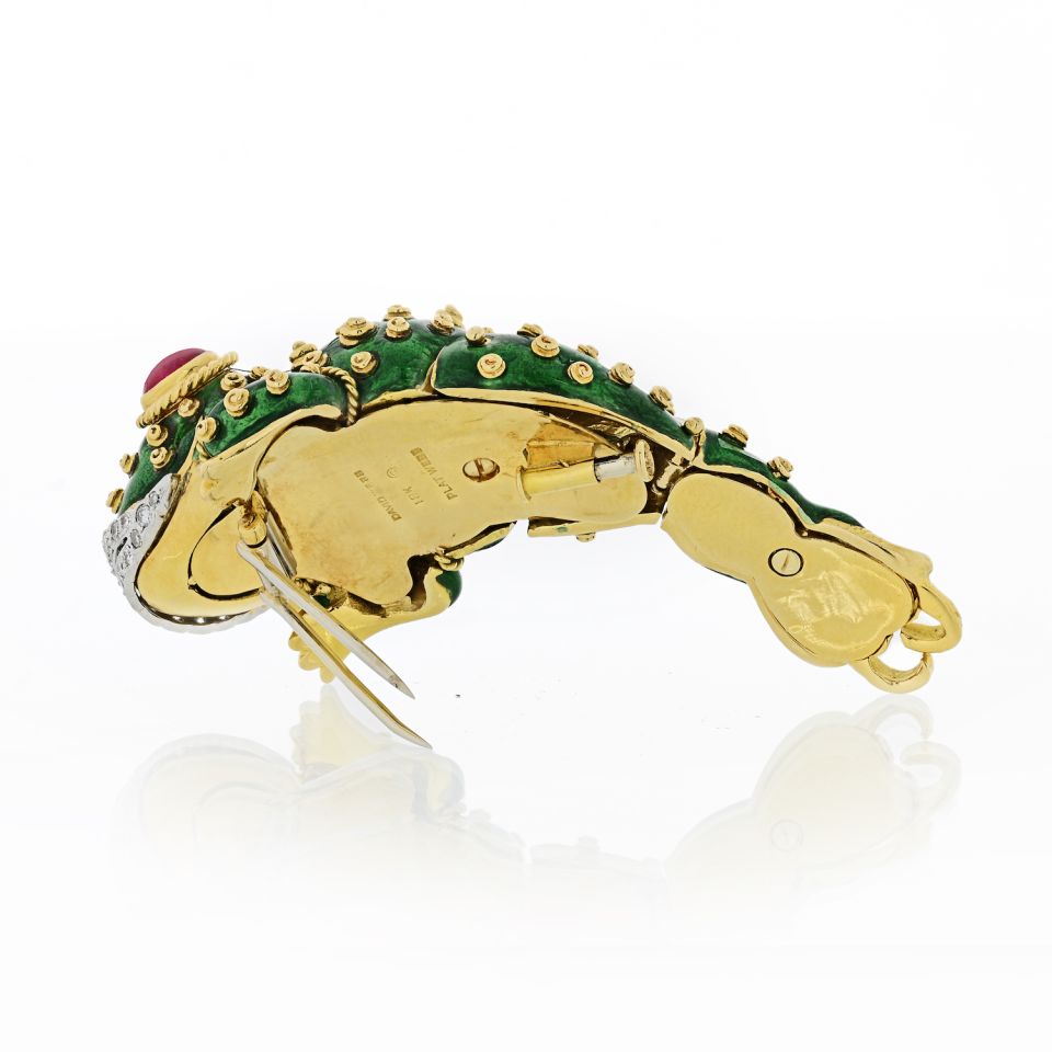 David Webb Tadpole Platinum & 18K Yellow Gold Green Enamel, Ruby Eyes, Diamond Lips Brooch - The Back Vault