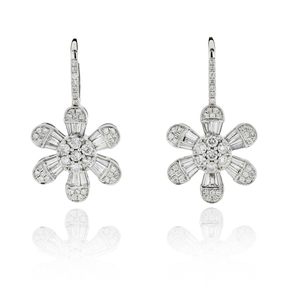 Flower 14K White Gold 4.08 Carat Diamond Drop Dangle Earrings - The Back Vault