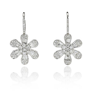 Flower 14K White Gold 4.08 Carat Diamond Drop Dangle Earrings