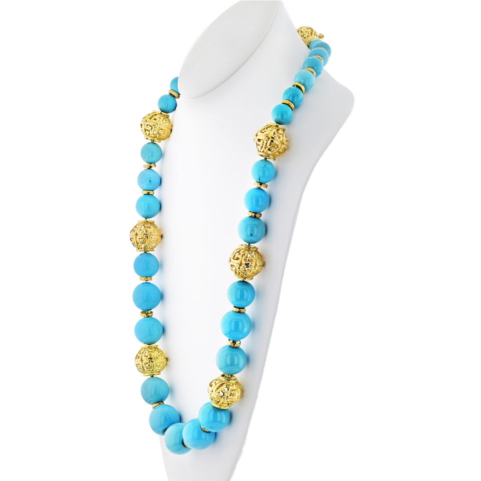 David Webb Turquoise Platinum & 18K Yellow Gold Large Bead Strand Necklace - The Back Vault