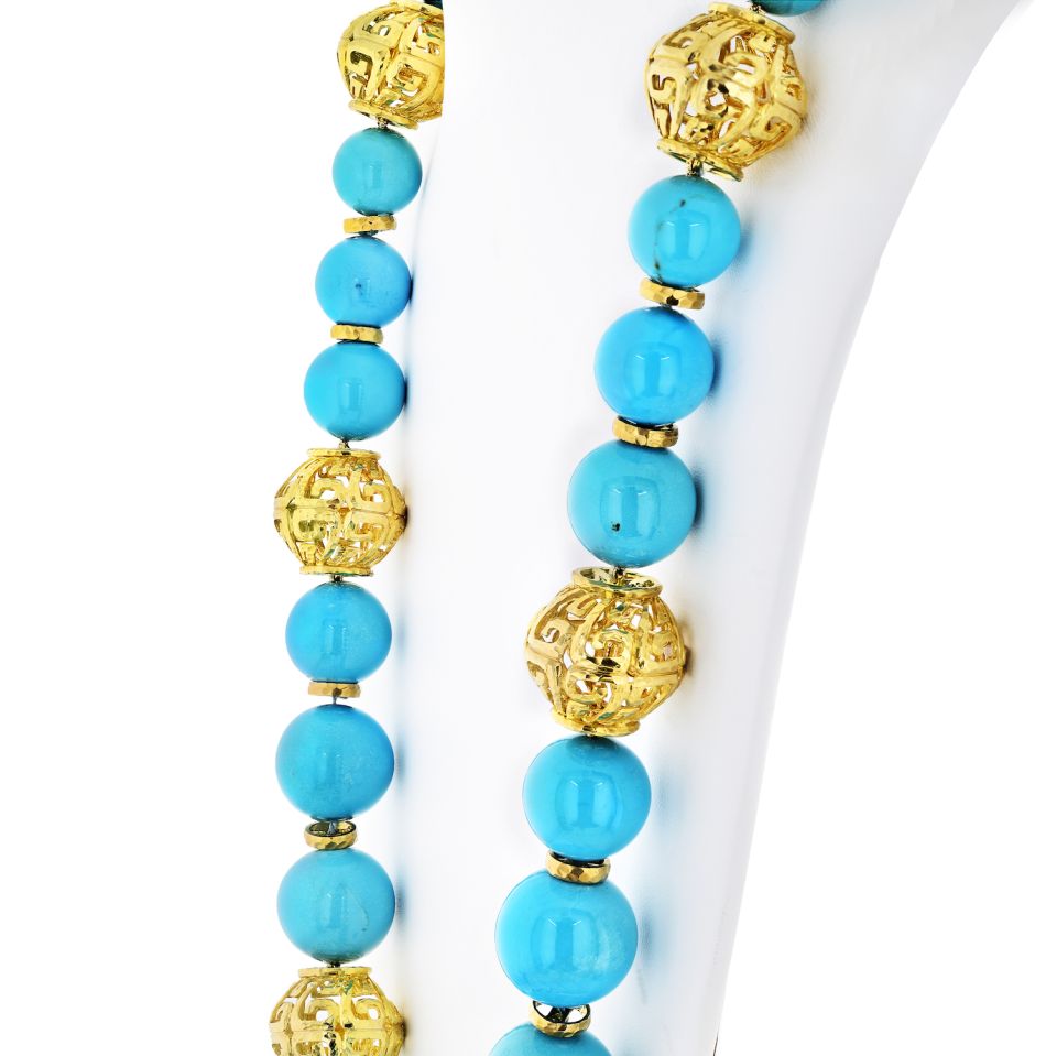 David Webb Turquoise Platinum & 18K Yellow Gold Large Bead Strand Necklace - The Back Vault