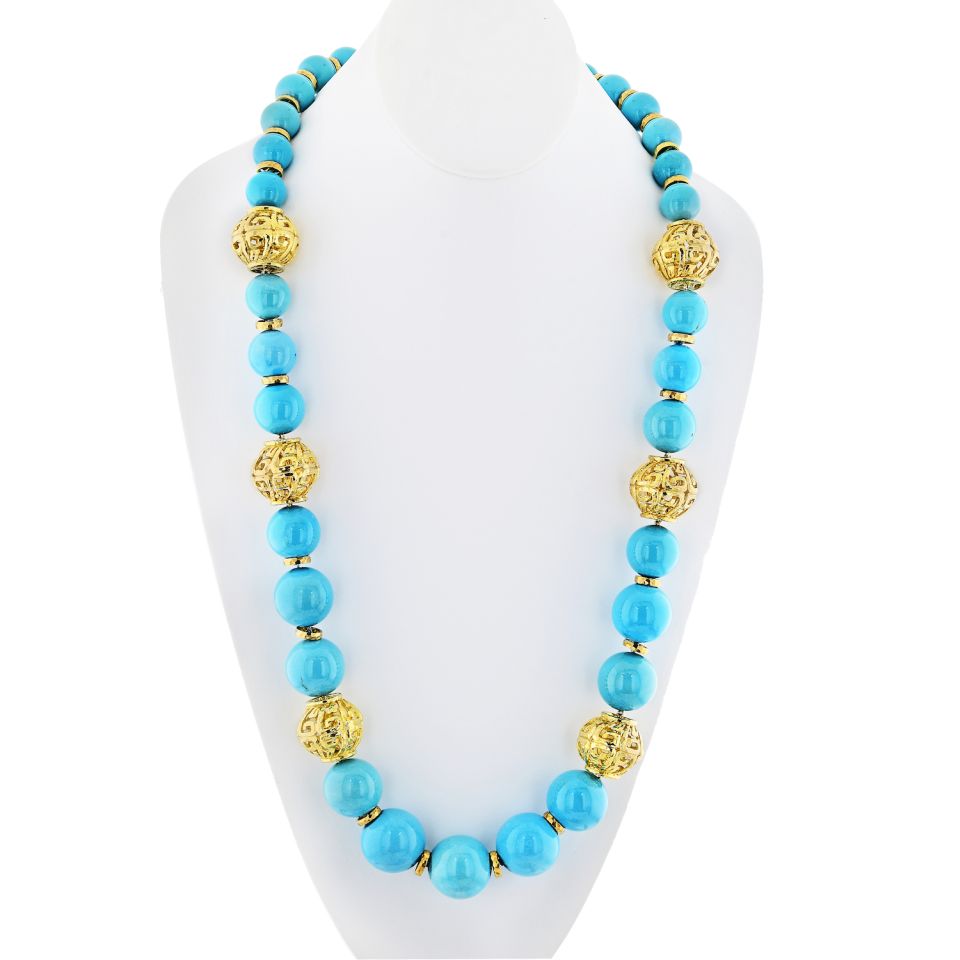 David Webb Turquoise Platinum & 18K Yellow Gold Large Bead Strand Necklace - The Back Vault