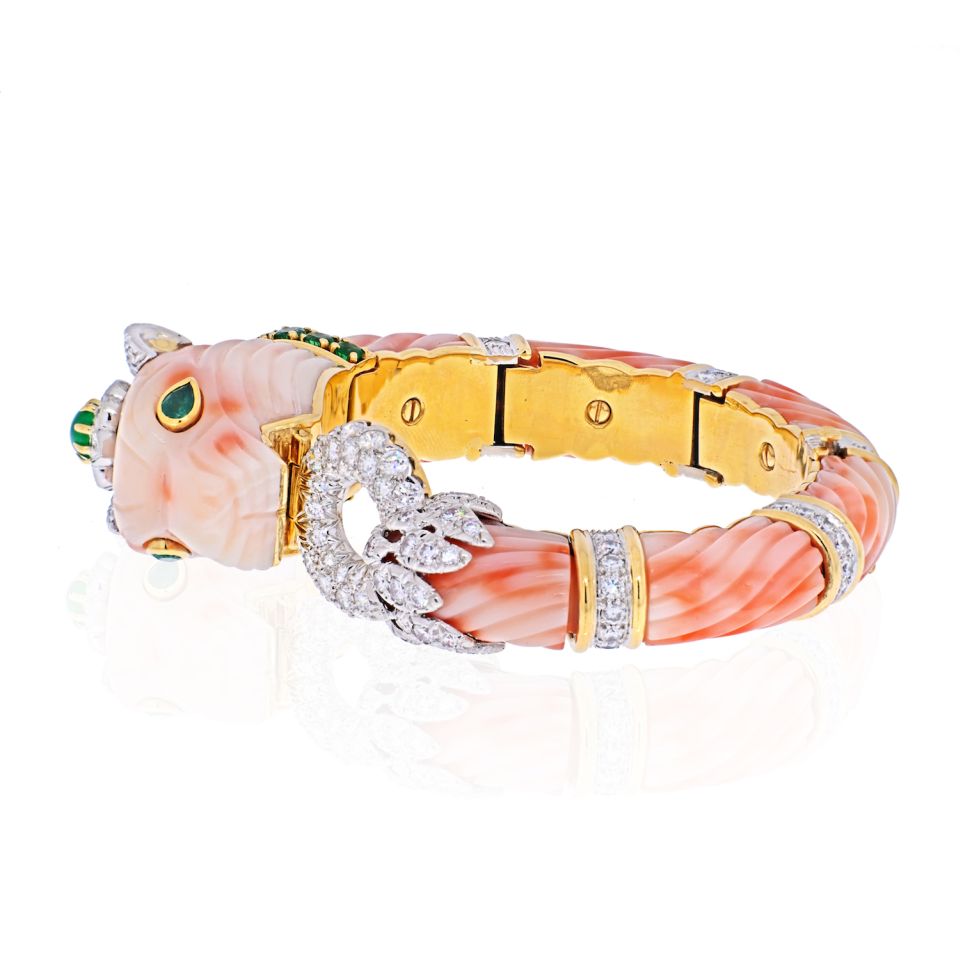 David Webb Coral 18K Yellow Gold Angel Skin Chimeral & Diamond Bracelet - The Back Vault