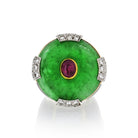 David Webb Jade Platinum & 18K Yellow Gold Black Enamel, Diamonds, Ruby Ring - The Back Vault