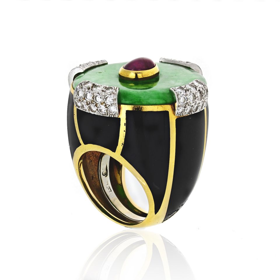 David Webb Jade Platinum & 18K Yellow Gold Black Enamel, Diamonds, Ruby Ring - The Back Vault