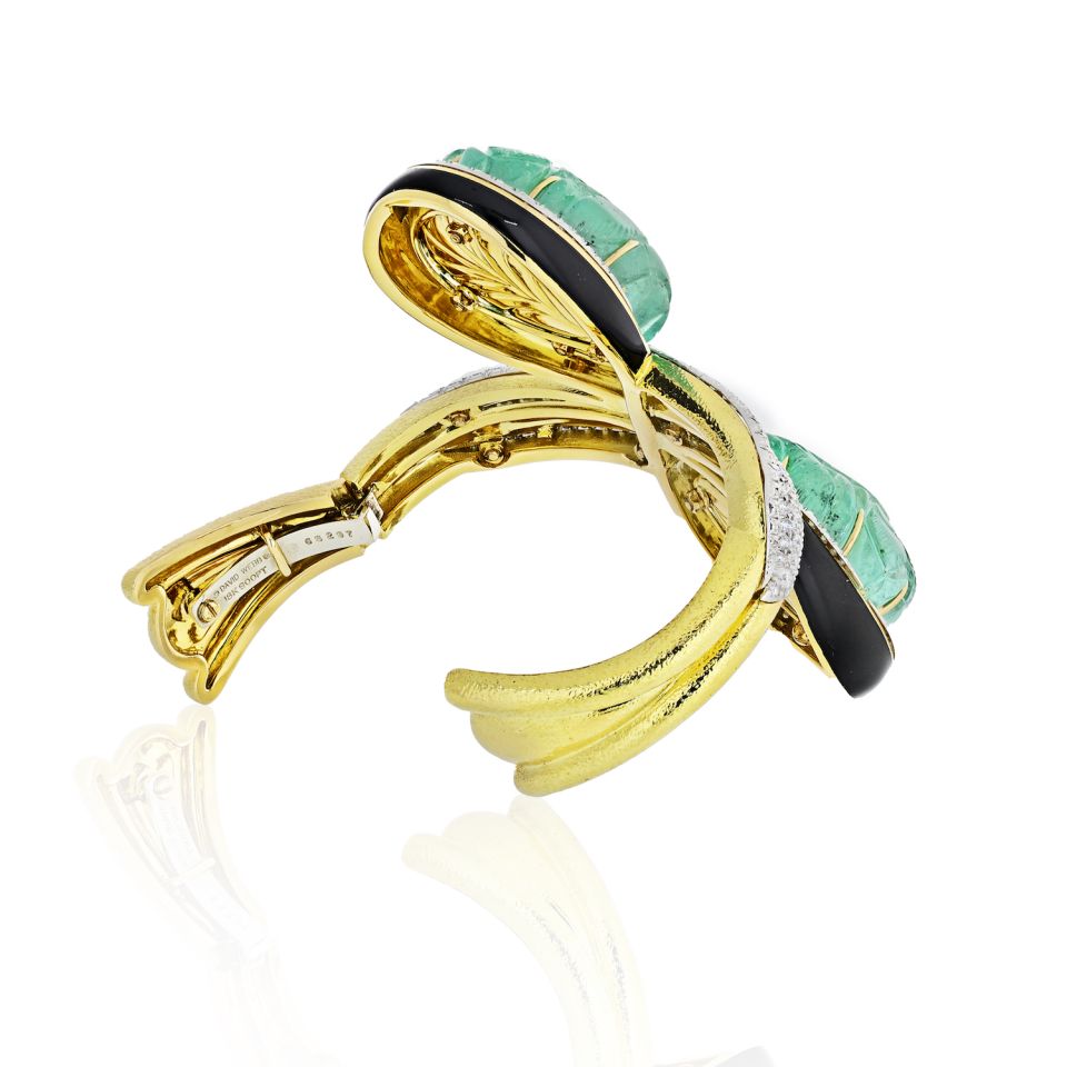 David Webb Crossover Platinum & 18K Yellow Gold Carved Emerald And Diamond Bracelet - The Back Vault