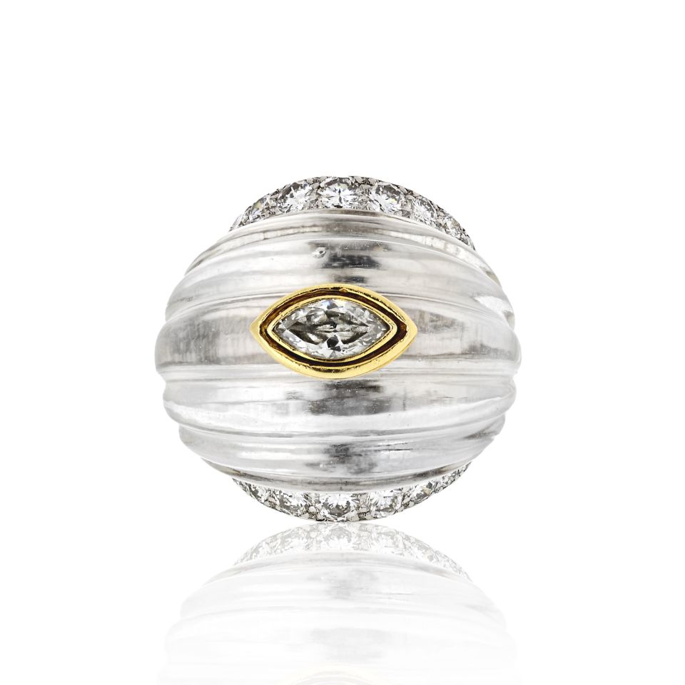 David Webb Rock Cryst Platinum & 18K Yellow Gold Marquise Cut Diamond Carved Ring - The Back Vault