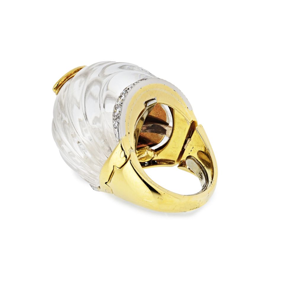 David Webb Rock Cryst Platinum & 18K Yellow Gold Marquise Cut Diamond Carved Ring - The Back Vault