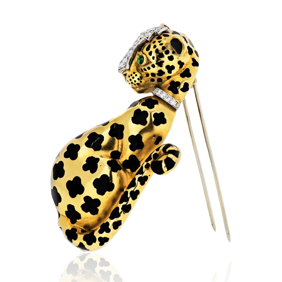 David Webb Leopard Platinum & 18K Yellow Gold Diamonds, Emeralds, Black Enamel Brooch - The Back Vault