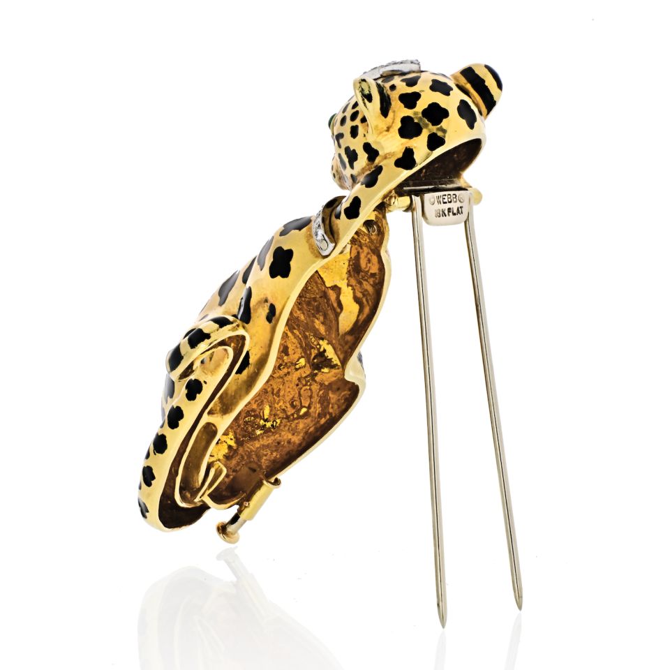 David Webb Leopard Platinum & 18K Yellow Gold Diamonds, Emeralds, Black Enamel Brooch - The Back Vault