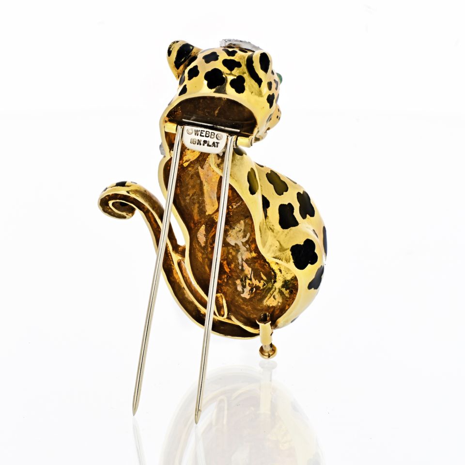 David Webb Leopard Platinum & 18K Yellow Gold Diamonds, Emeralds, Black Enamel Brooch - The Back Vault