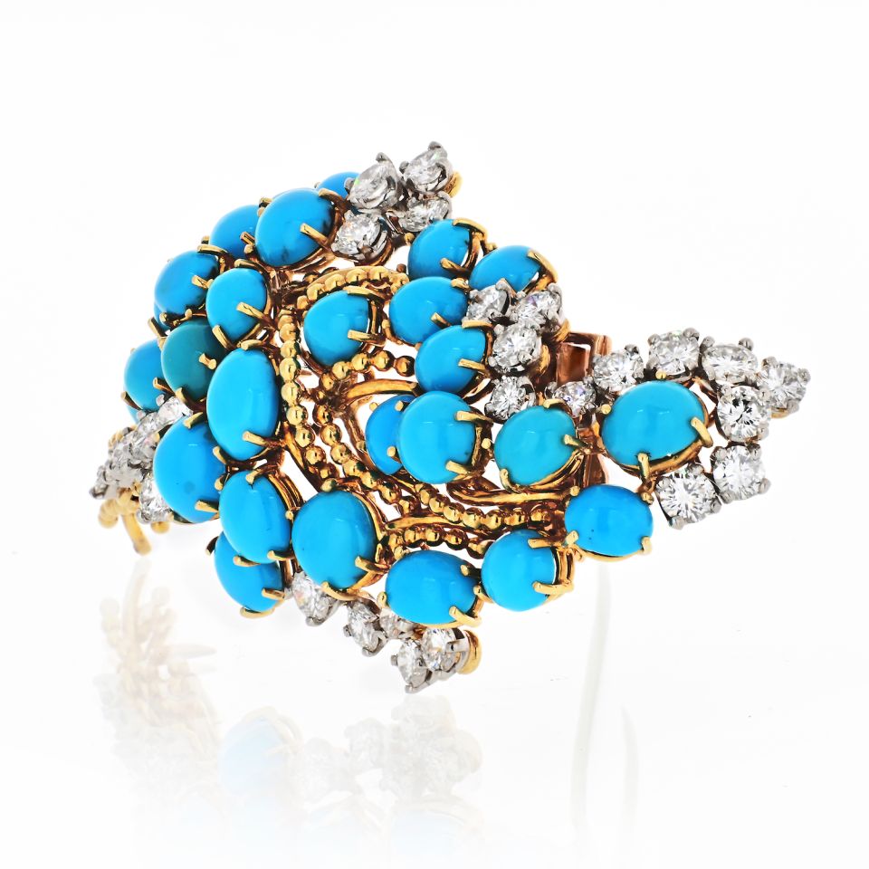 Cartier 1960's 18K Yellow Gold Turquoise, Diamond Vintage Brooch - The Back Vault