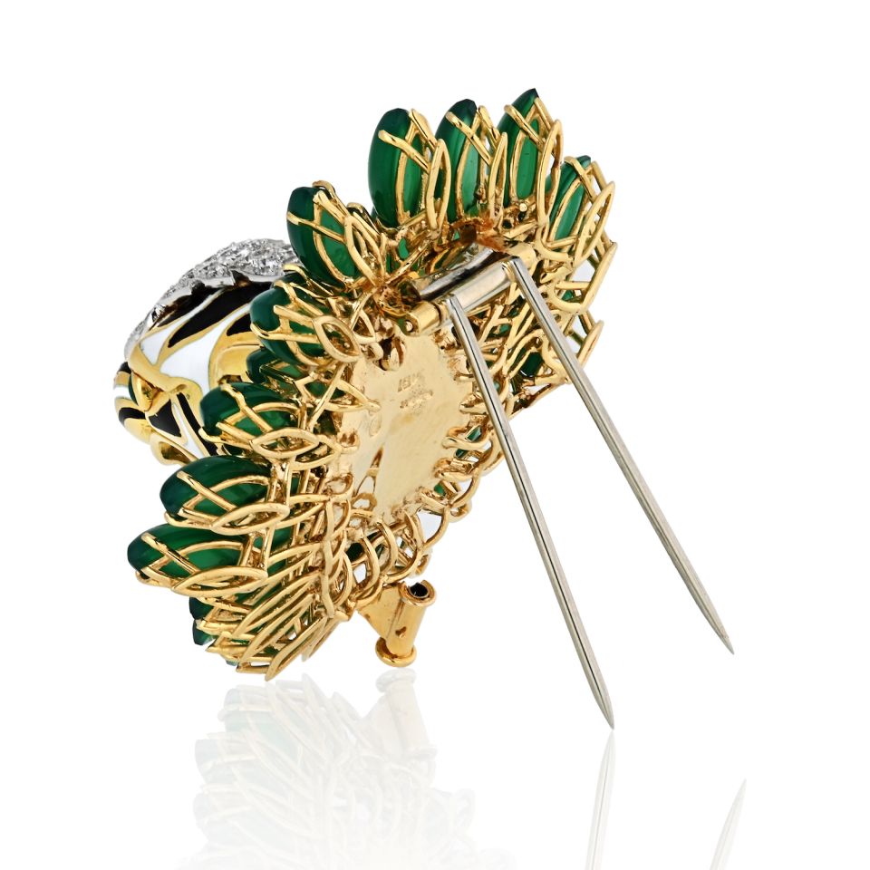 David Webb Tiger Platinum & 18K Yellow Gold Diamond And Chrysoprave Brooch - The Back Vault