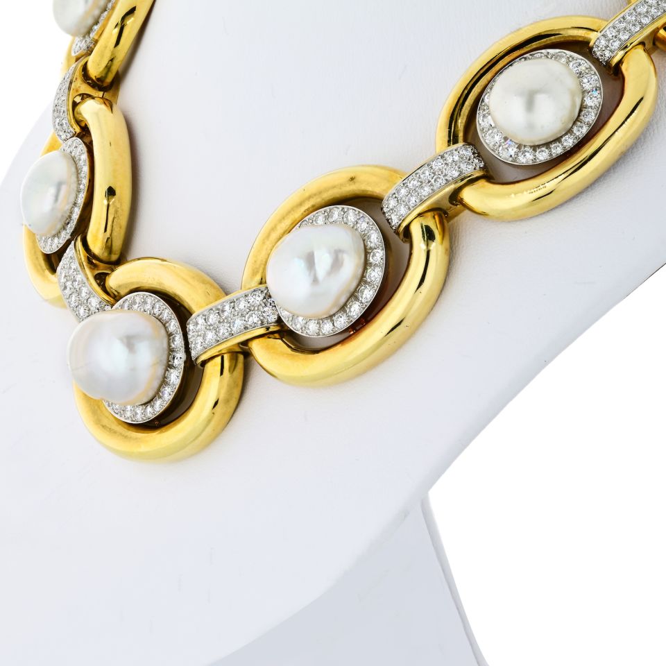 David Webb Platinum & 18K Yellow Gold Baraque Pearl and Diamond Collar Necklace - The Back Vault