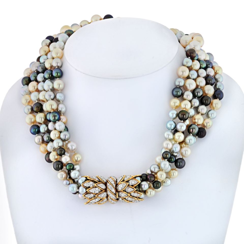 David Webb Platinum & 18K Yellow Gold 5 Multi-Colored Pearl String Torsade Diamond Necklace - The Back Vault