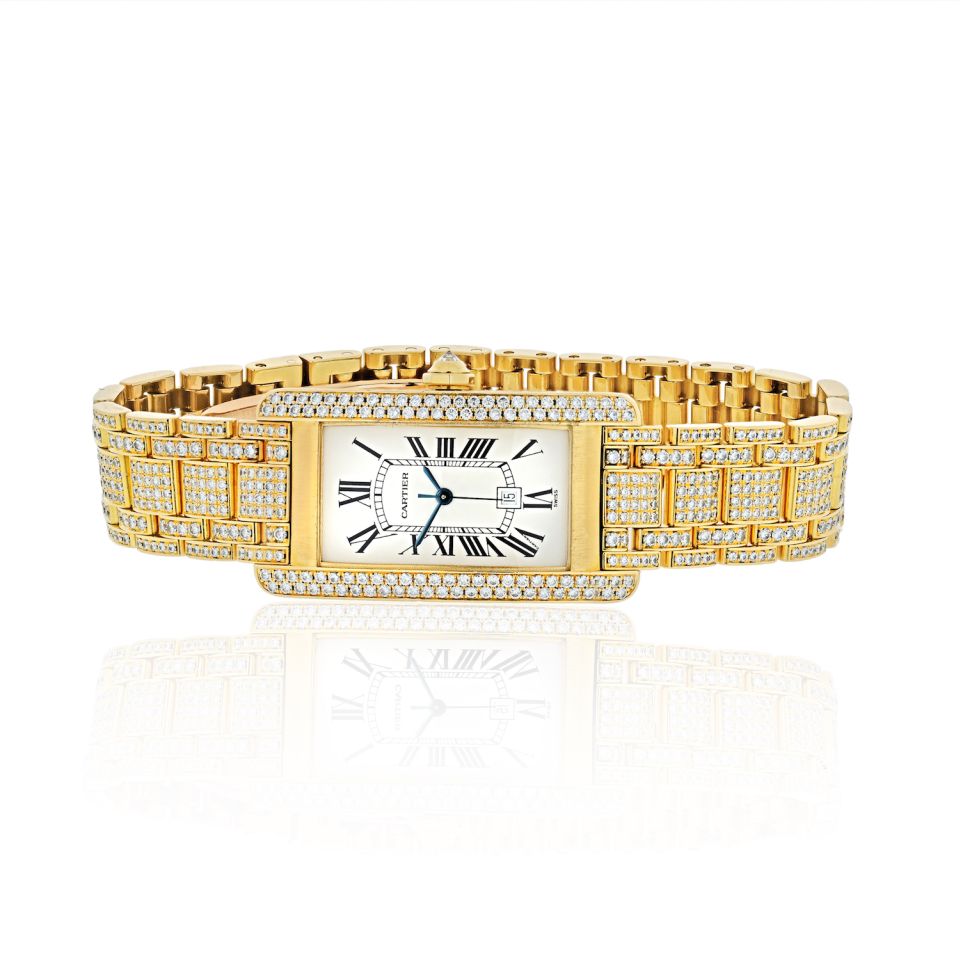 Cartier Tank American 18K Yellow Gold Date, Automatic. Factory Diamond & Bezel Watch - The Back Vault