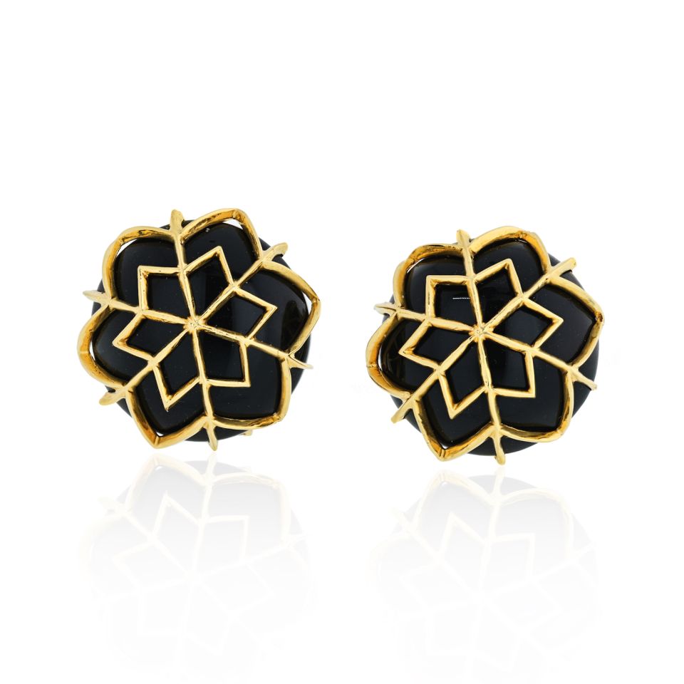 David Webb Snowflake Platinum & 18K Yellow Gold Onyx Webb Earrings - The Back Vault