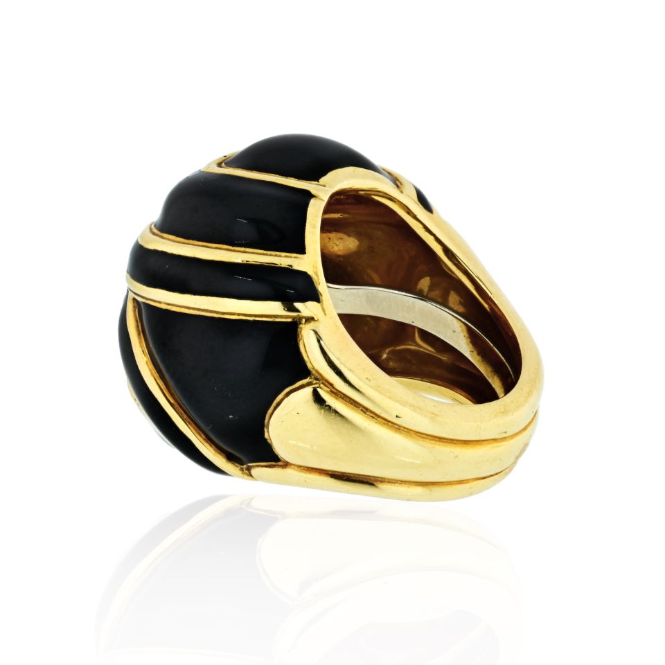 David Webb Platinum & 18K Yellow Gold Bombe Black Enamel Ring - The Back Vault